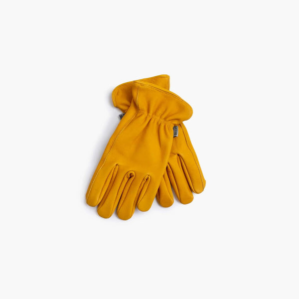 Pair of Yellow leather garden work gloves on a white background