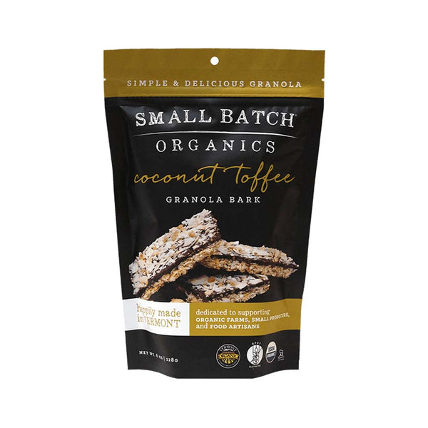 o ounce bag of Small Batch Organics Coconut Toffee Granola Bark on a white background