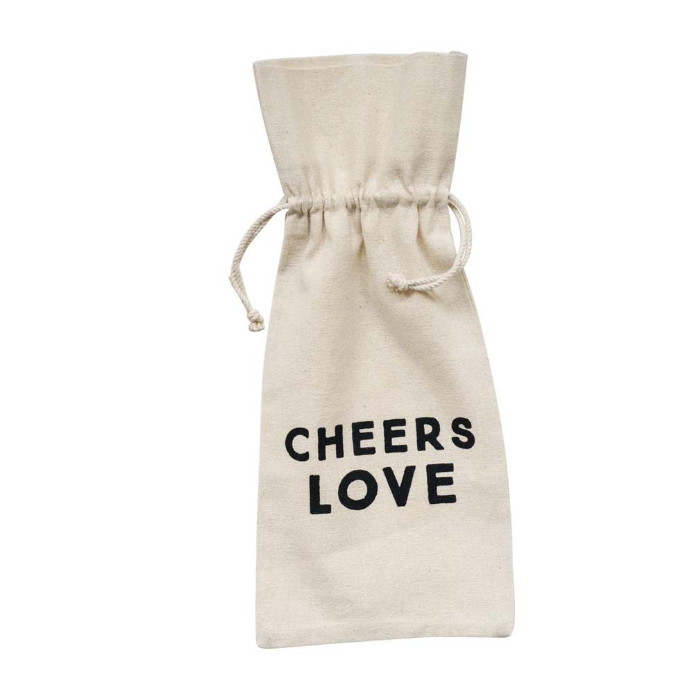 White cotton wine bag that says 'Cheers love'