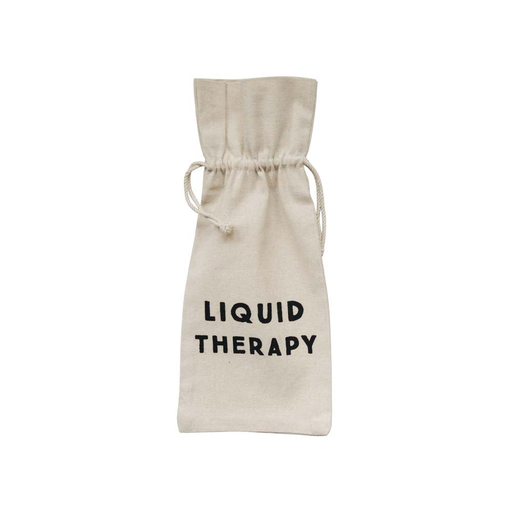 White cotton wine bag that says 'Liquid therapy'
