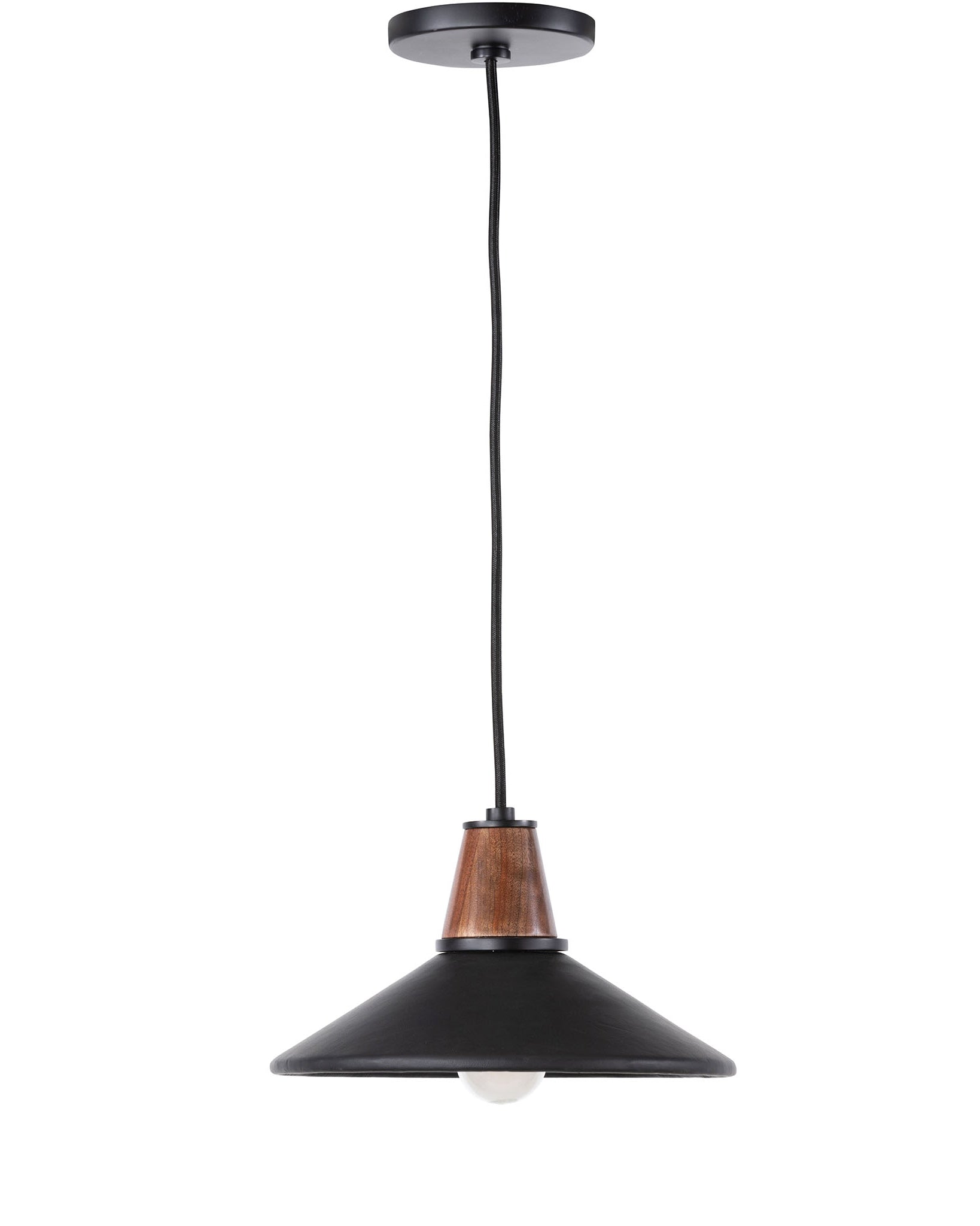 Black leather and walnut pendant light with black cord on a white background