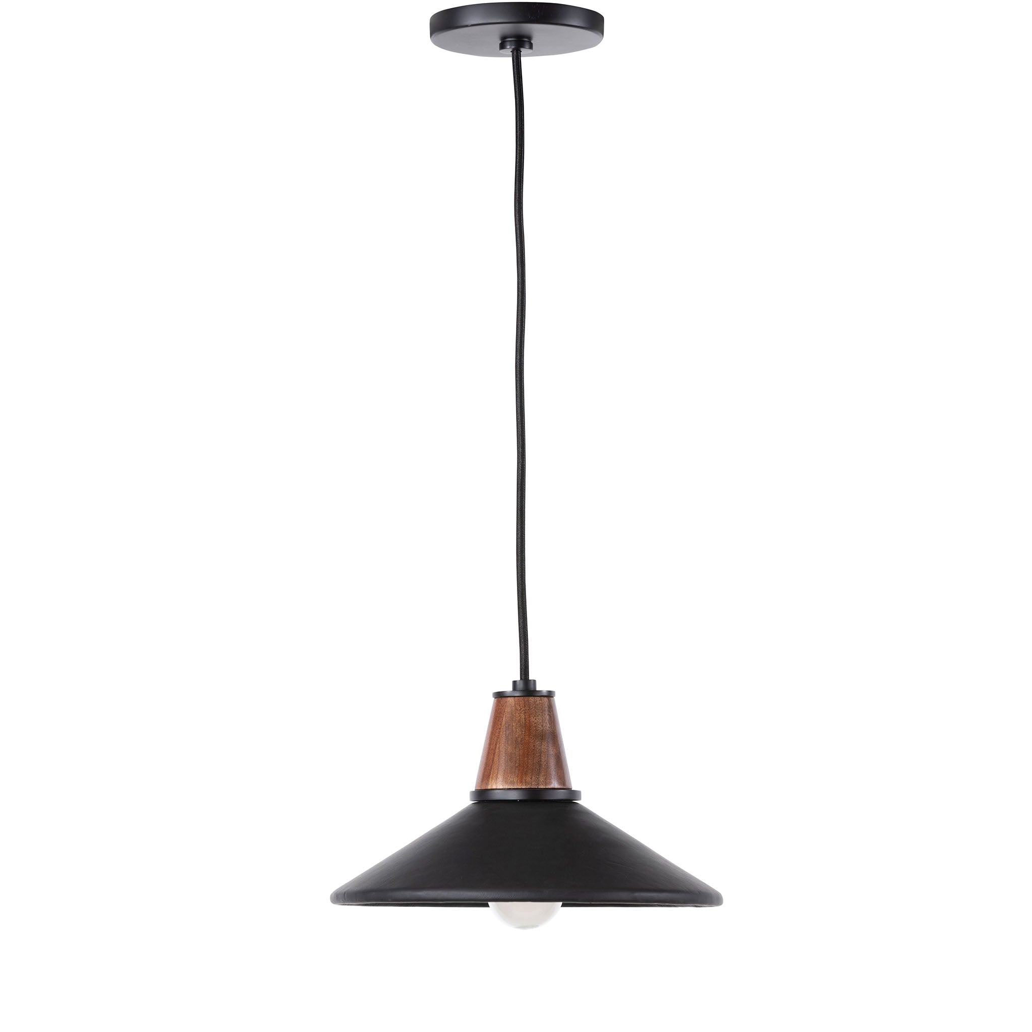 Black leather and walnut pendant light with black cord on a white background