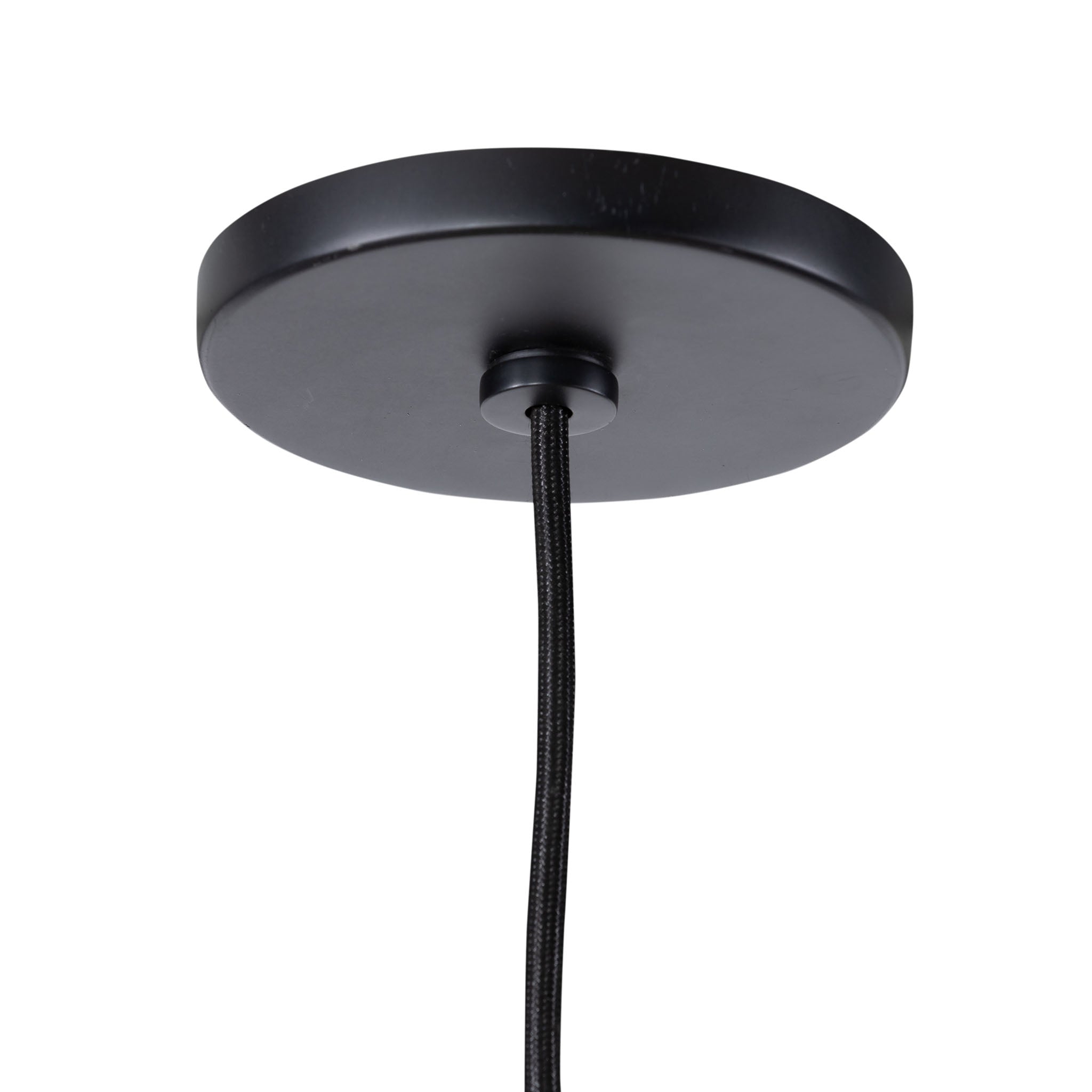 Black leather and walnut pendant light with black cord on a white background