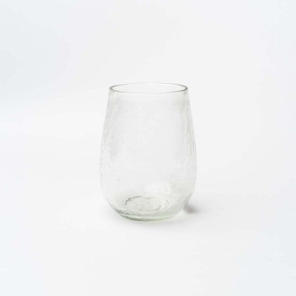 stemless wine glasses on a white background.