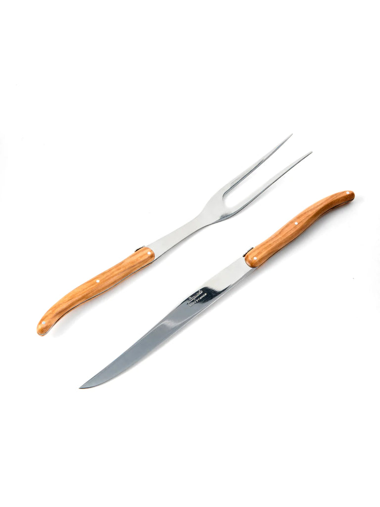 Laguiole olivewood carving set fork and knife on a white background