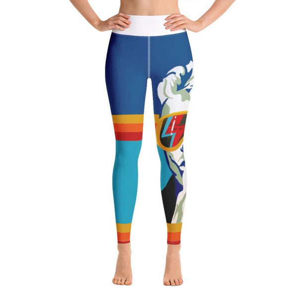 David Bowie blue and white après ski yoga leggings by Shannon Hemm on model with white background