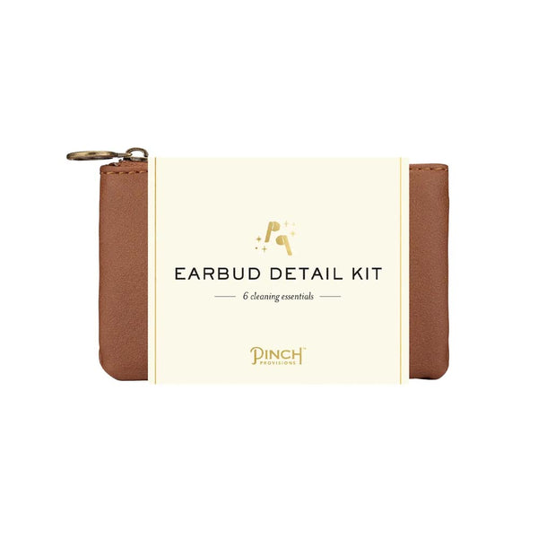 Earbud detail kit in brown vegan leather pouch.