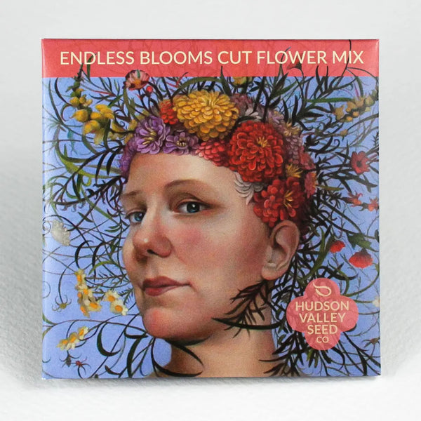 Hudson Valley Seed company Endless Blooms Cut Flower Mix seed pack with colorful art on a grey background