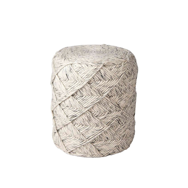 Round pouf covered in woven grey wool in a lattice chevron pattern on a white backrgound