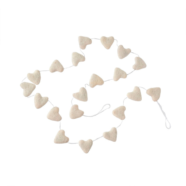 Felted wool white heart garland on a white background