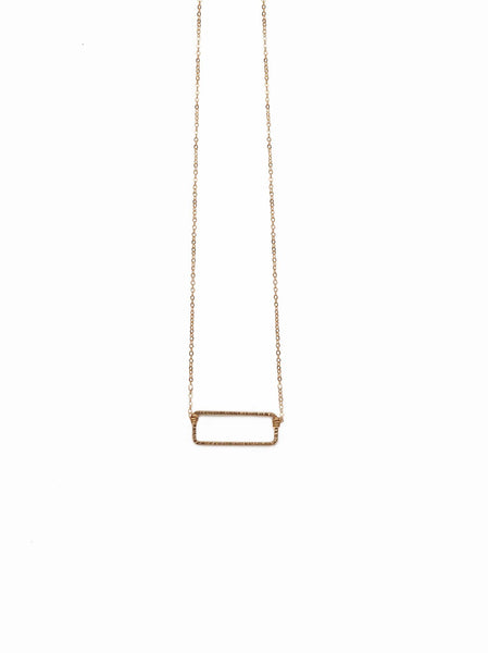 14k gold fill rectangular necklace on a white background