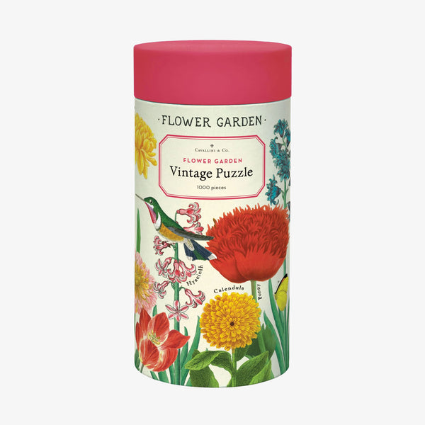 Yellow with flowers and birds tube box with cavallini paper flower garden puzzle