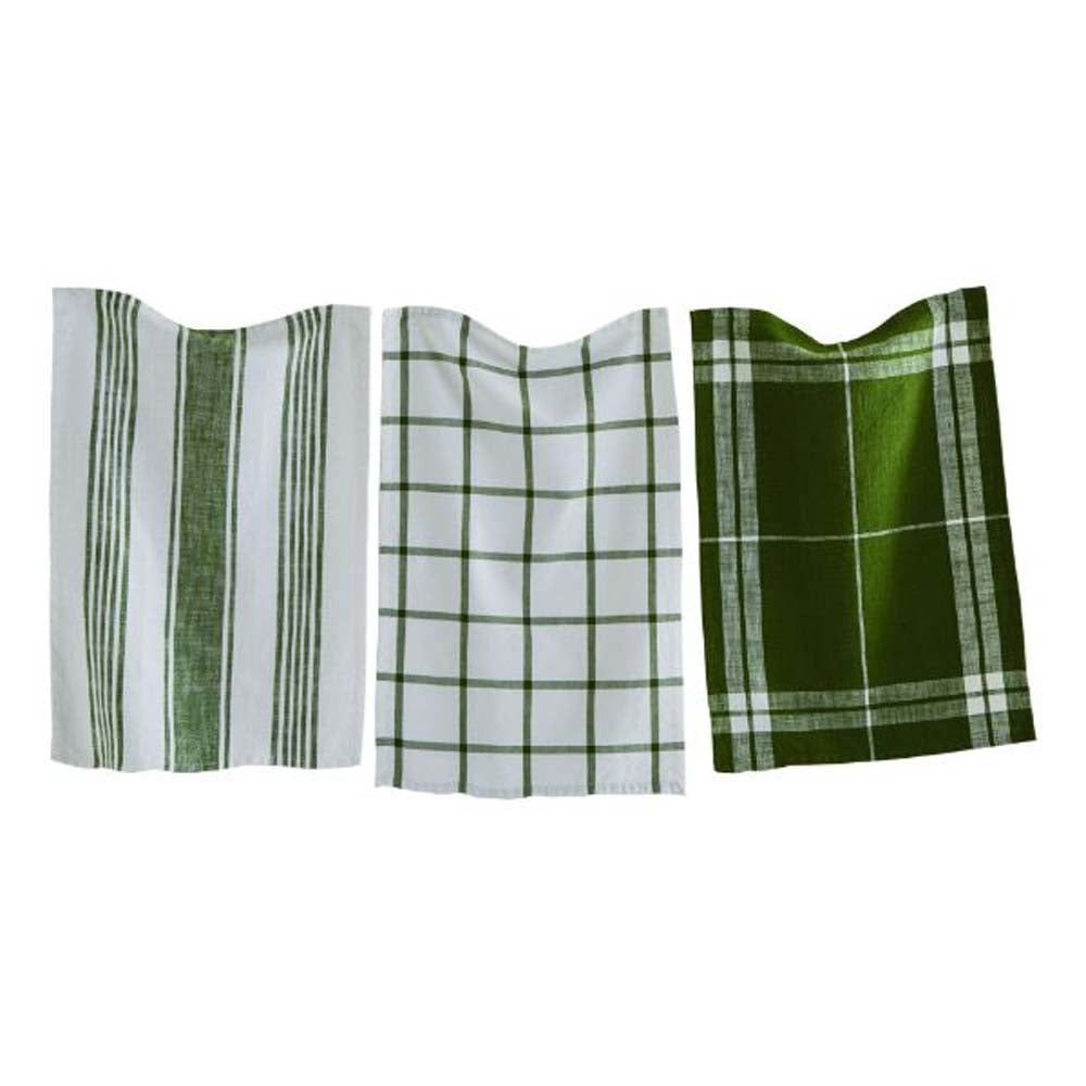 Set of three Green Kitchen Towels in plaid and check and stripe on a clothes line in front of a white background
