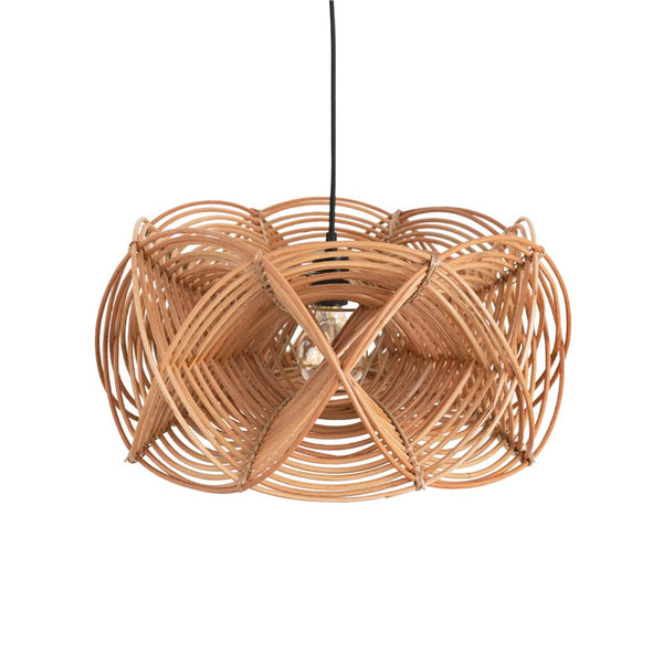 Rattan woven pendant with large bulb and black cord on a white background