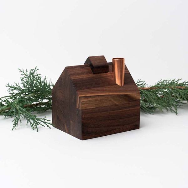 Hauskaa brand walnut stained wood barn with copper chimney on a white background