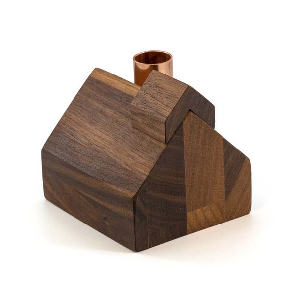 Hauskaa brand wooden school house candle holder with copper chimney on a white background