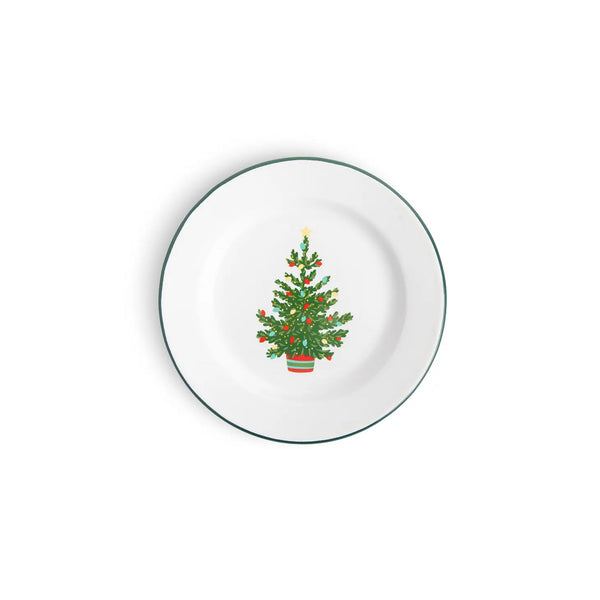 White Enamelware Salad Plate with Christmas Tree on a white background