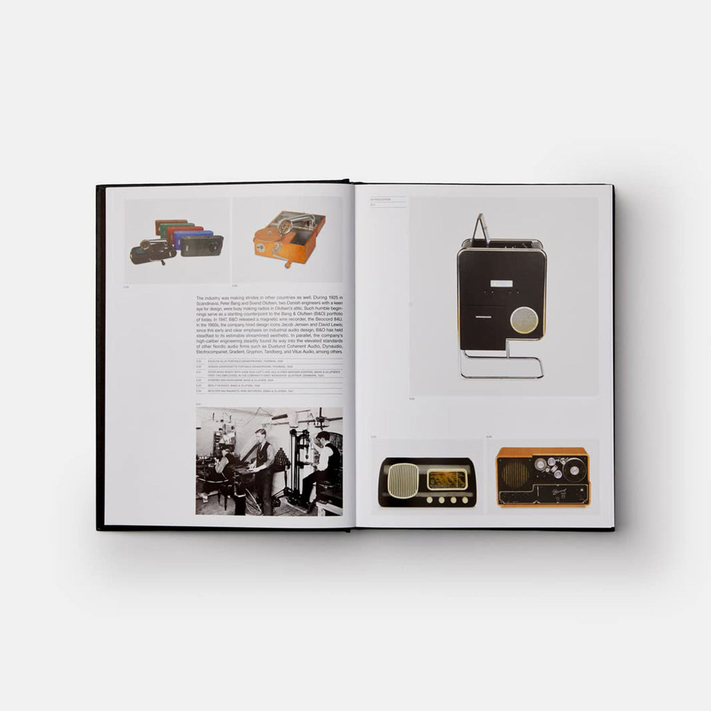 Inside pages of book titled 'Hi-Fi' with old recording equipment photo on a white background