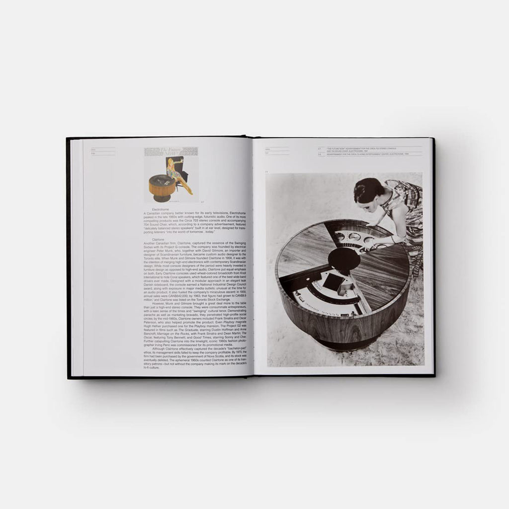 Inside pages of book titled 'Hi-Fi' with old recording equipment photo on a white background