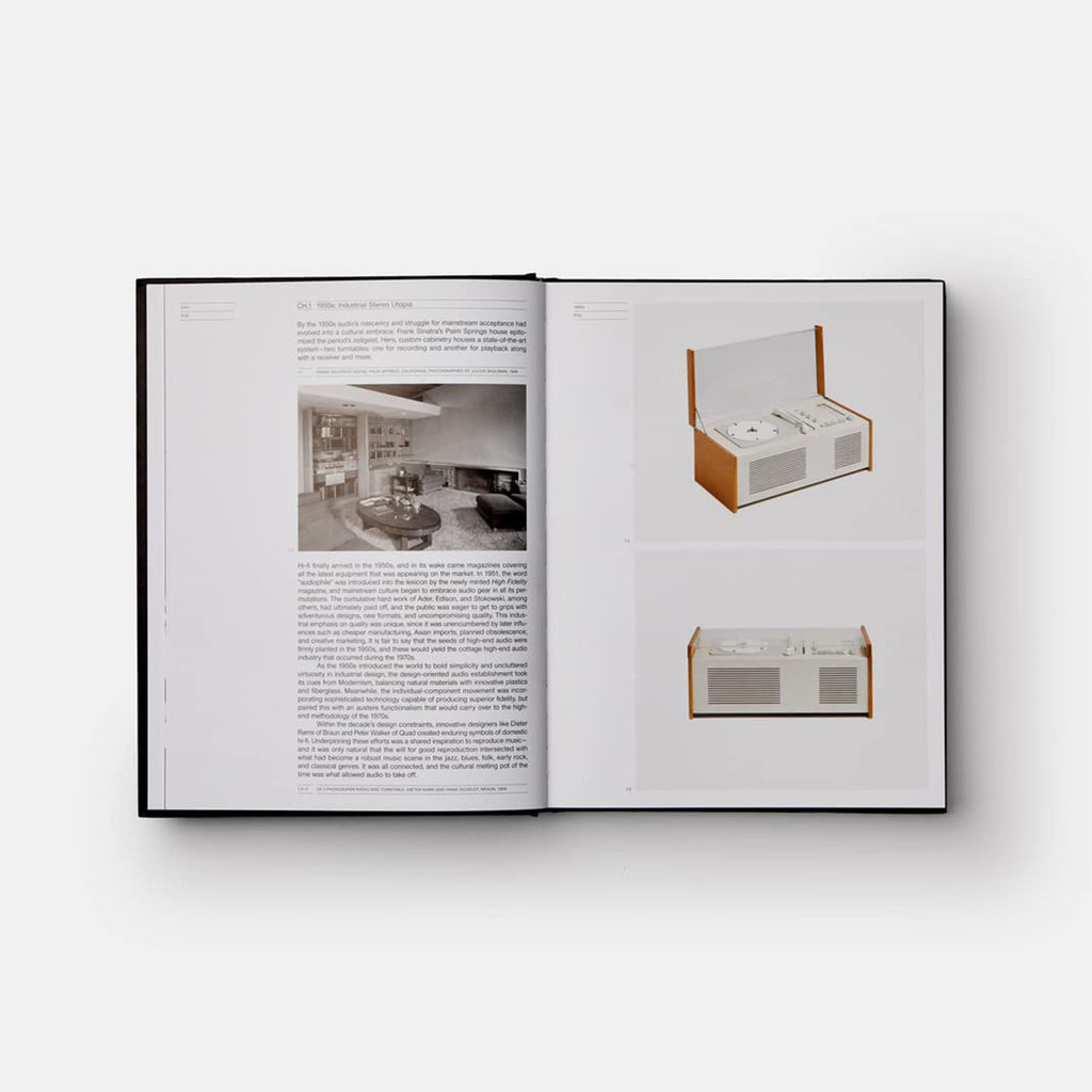 Inside pages of book titled 'Hi-Fi' with old recording equipment photo on a white background
