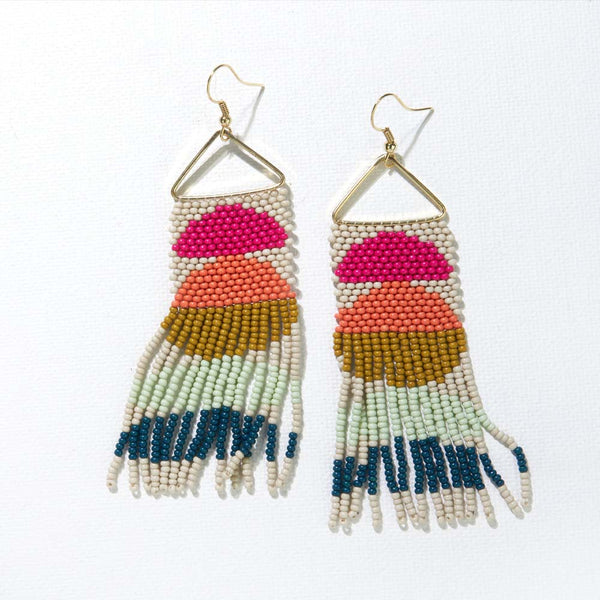 INK + ALLOY Ivory Pink Citron Peacock Half Circles On Triangle Earrings on a white background