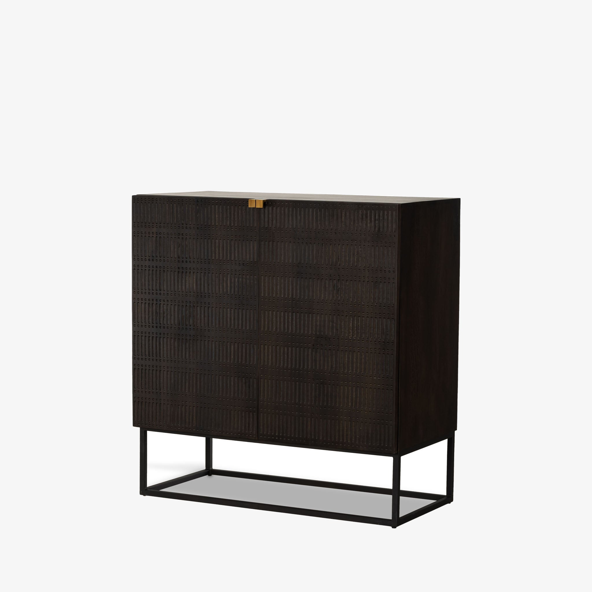 Kelby brown wood bar cabinet with carved doors and black iron frame base by four hands on a white background