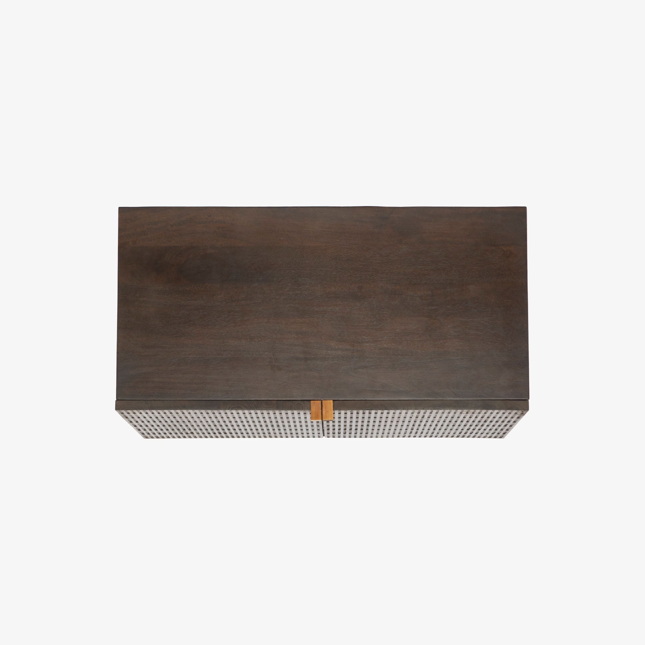 Kelby brown wood bar cabinet with carved doors and black iron frame base by four hands on a white background