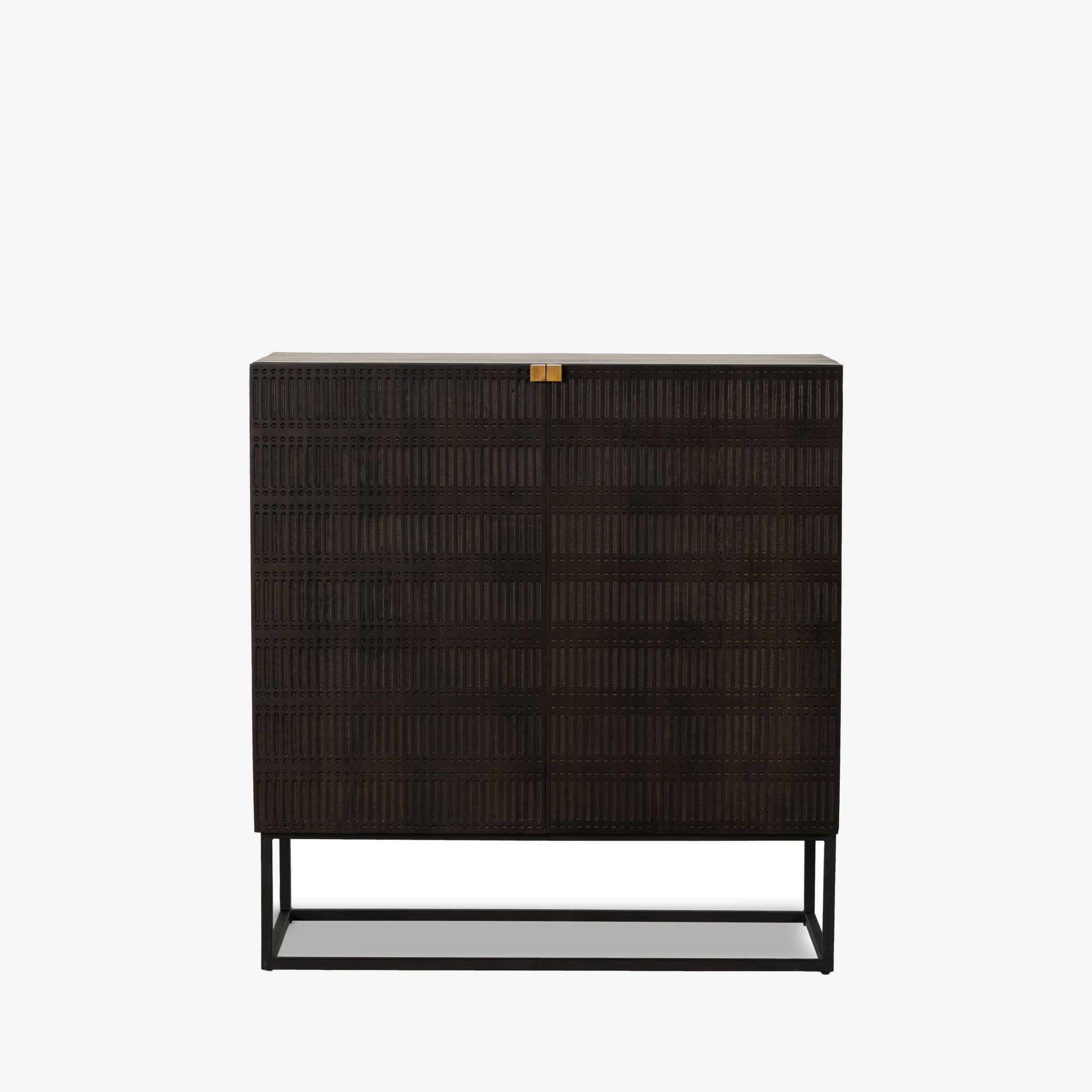 Kelby brown wood bar cabinet with carved doors and black iron frame base by four hands on a white background