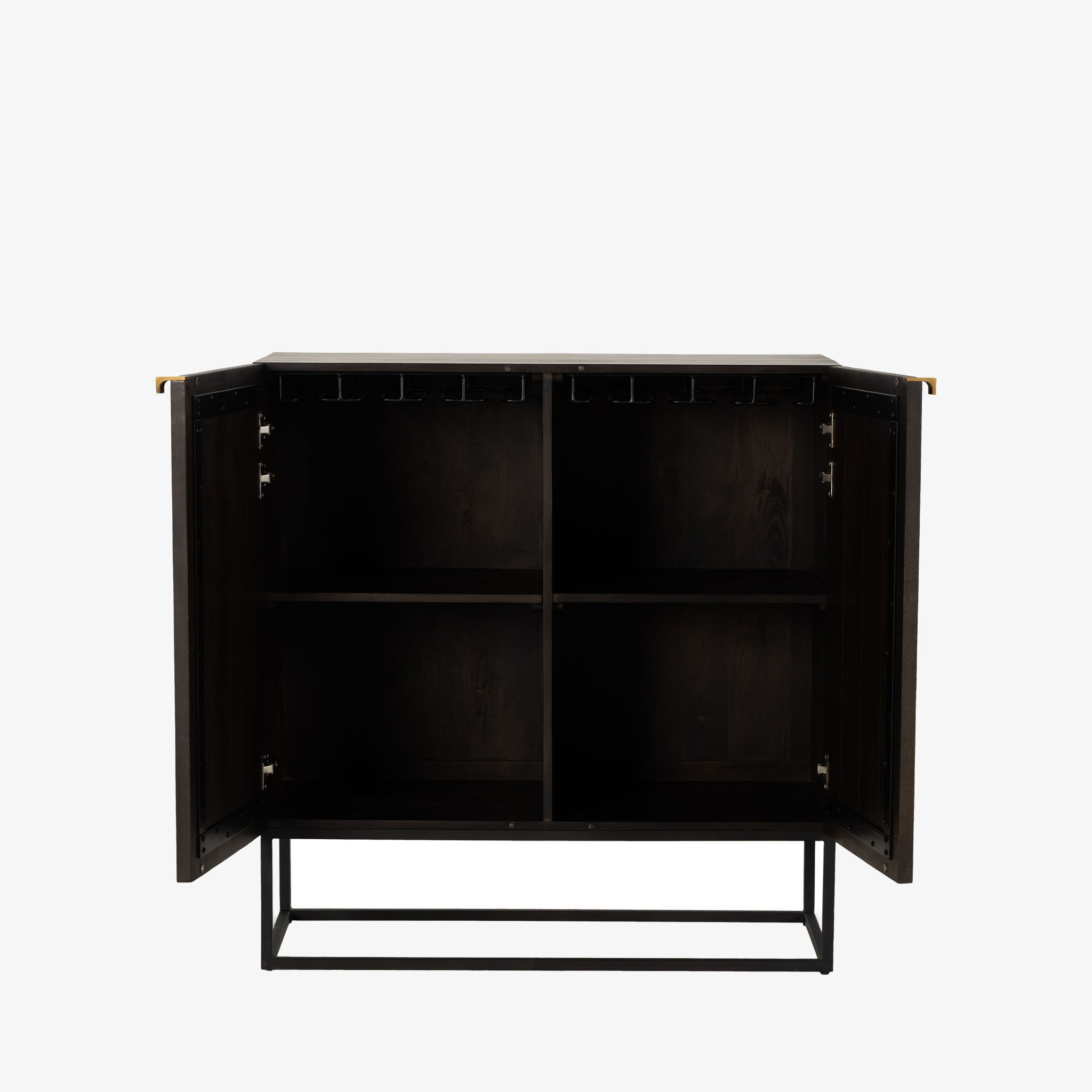 Kelby brown wood bar cabinet with carved doors and black iron frame base by four hands on a white background