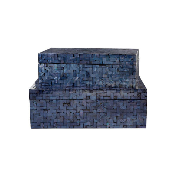 Two decorative boxes with navy blue inlay mother of pearl on a white background