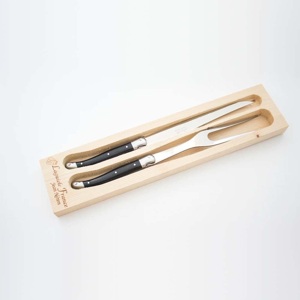 Laguiole ebony carving set in wood box with acrylic lid on a white background