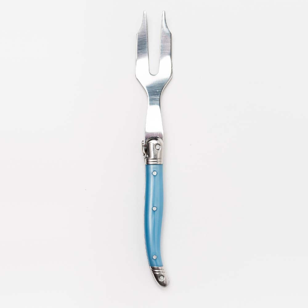 Blue Laguiole cheese fork on a white background