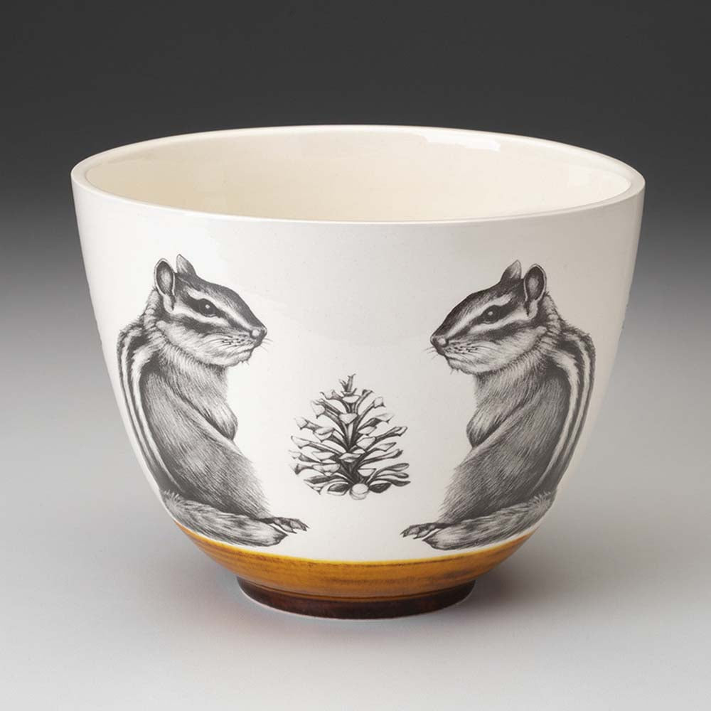 Medium white bowl with chipmunks and amber base by Laura Zindel