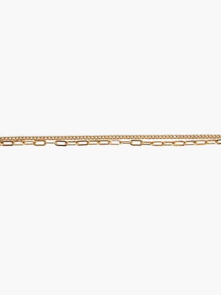 Able brand 14k gold fill layered chain bracelet with two types of links on a white background