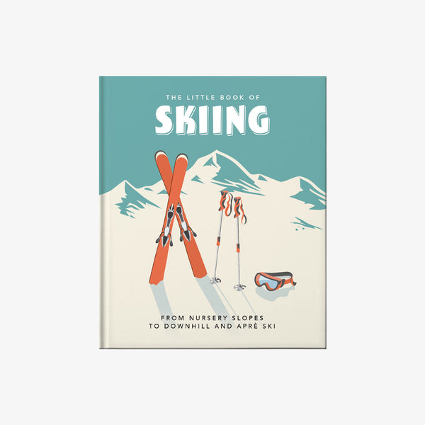 Front cover of book titled 'The Little Book of Skiing' with mountains and blue skies and skis on the cover on a white background