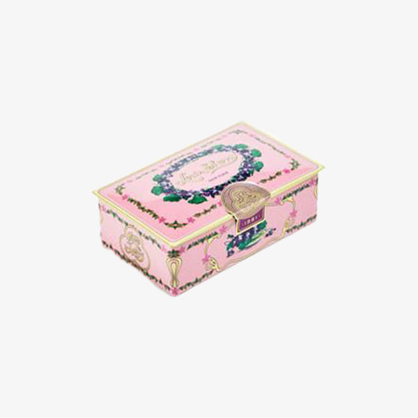 Louis Sherry 2 piece tin of chocolates in pink orchid decorated box on a white background