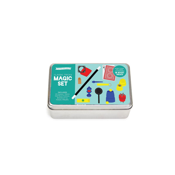 Magic in a box set for kids in a metal tin on a white background