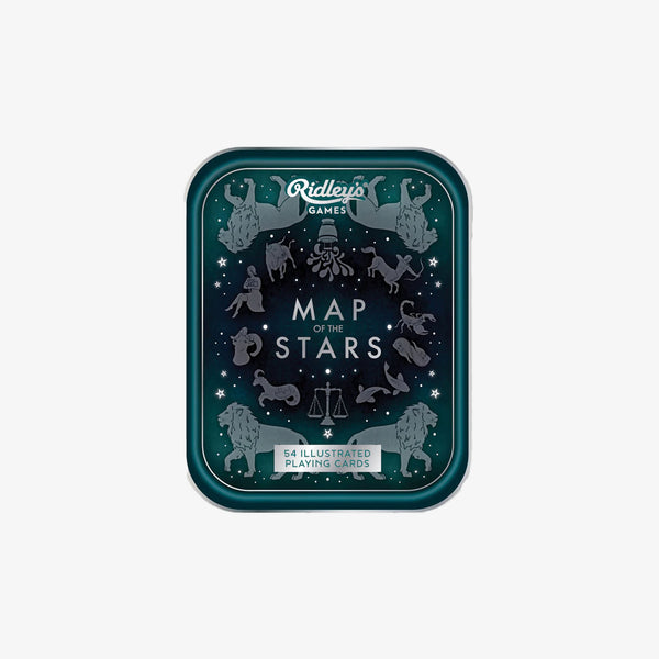 Map of the stars playing cards in metal tin with constellations on each card