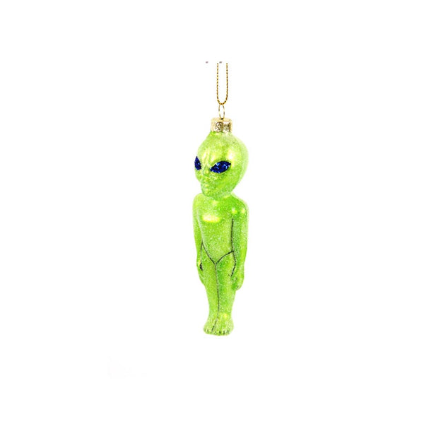 Green alien holiday ornament by Cody Foster brand on a white background