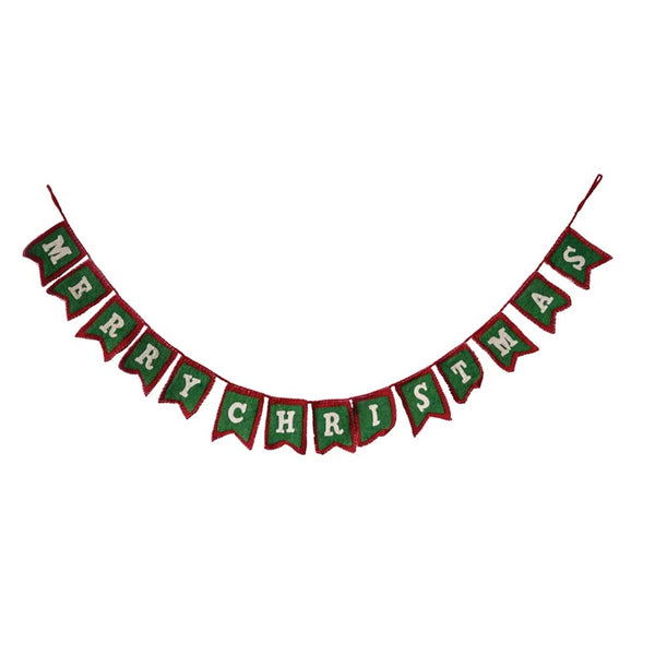 Felted wool garland with green and red 'Merry Christmas' banner on a white background