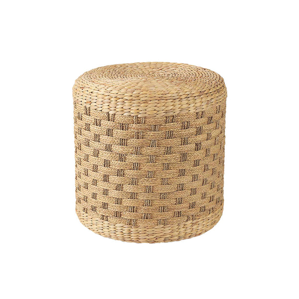 Round seagrass pouf or ottoman in natural finish on a white background