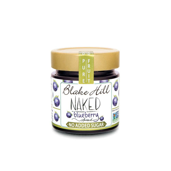 Jar of Blake Hill naked blueberry spread on a white background