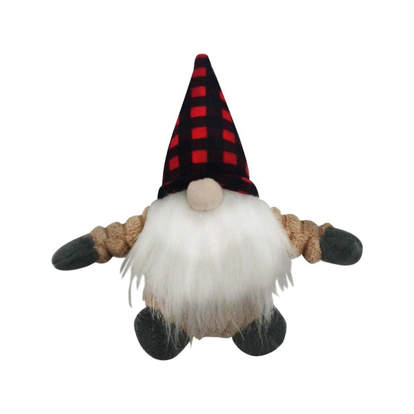 Tall Tails brand plush holiday gnome with black and red check hat dog Toy on a white background 