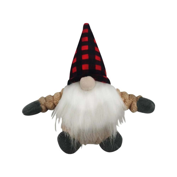 Tall Tails brand plush holiday gnome with black and red check hat dog Toy on a white background