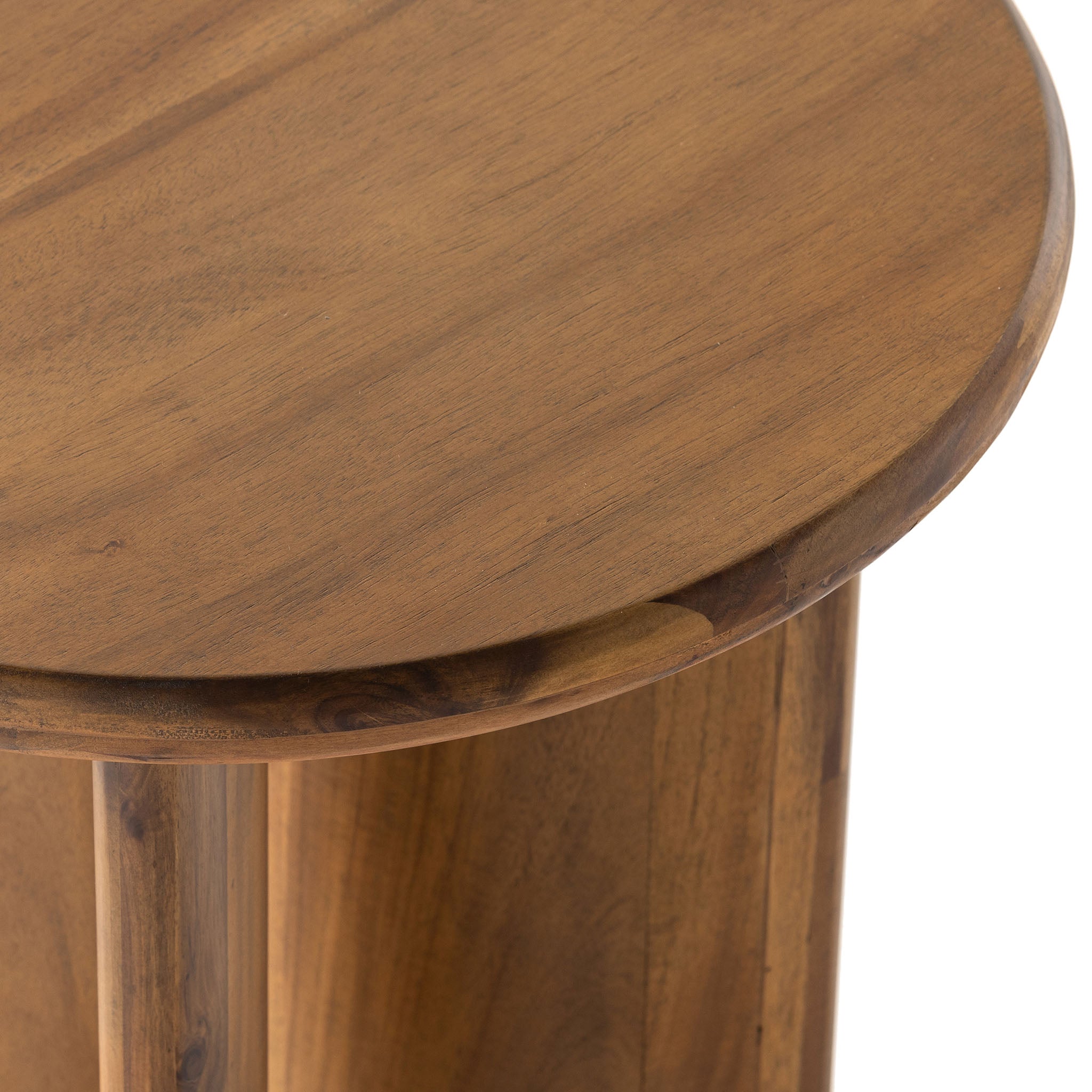 Stained acacia wood round end table with two rounded legs by four hands furniture on a white background
