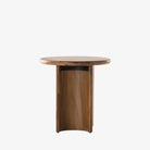 Stained acacia wood round end table with two rounded legs by four hands furniture on a white background
