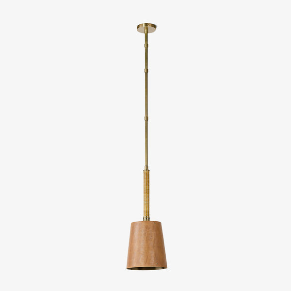 Palecek Hendrick Pendant with leather shade and rattan wrapped brass on a white background