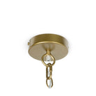 Close up of canopy for Palecek Amaya beaded pended with indigo palm-seeds and antique brass chain on a white background