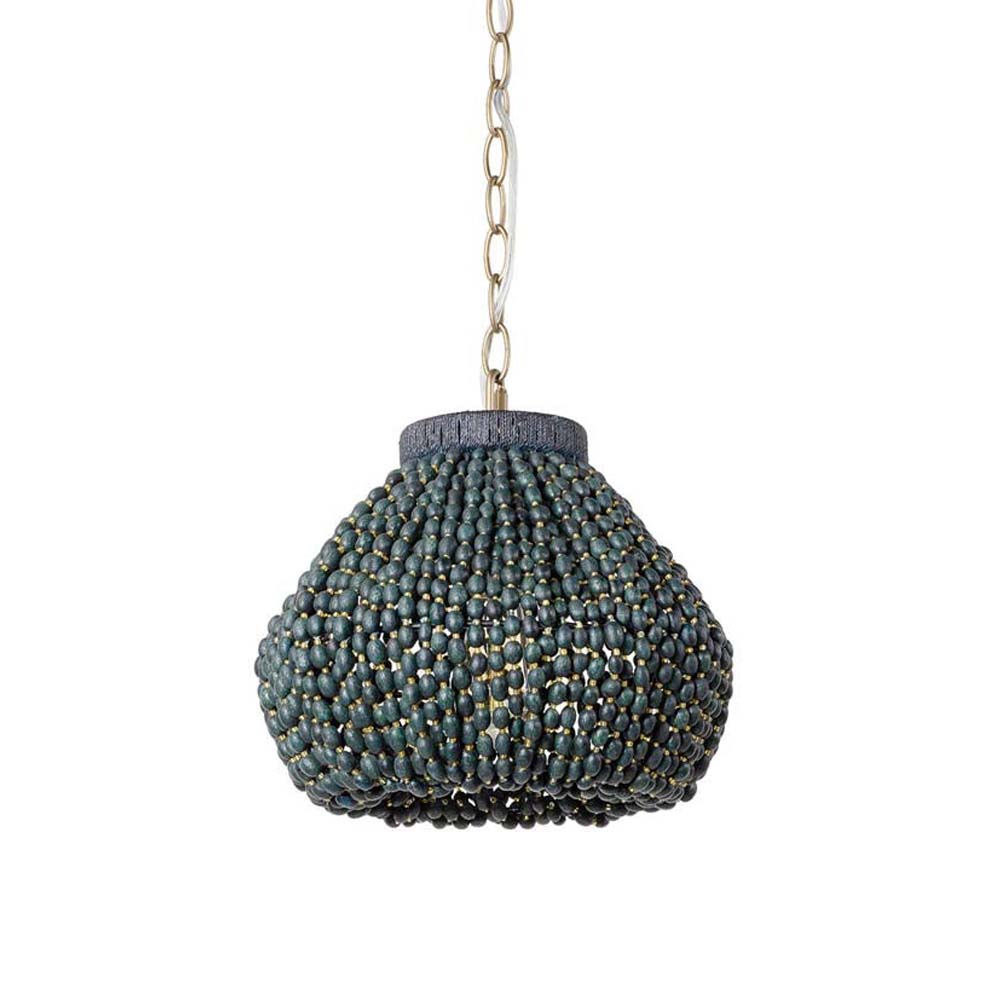 Palecek Amaya beaded pended with indigo palm-seeds and antique brass chain on a white background