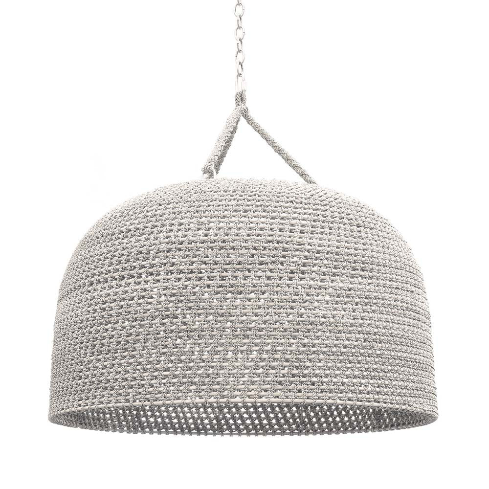 Palecek Green Oaks Oversized Pendant with a core rattan frame accented with whitewash rope details and nickel finished chain on a white background
